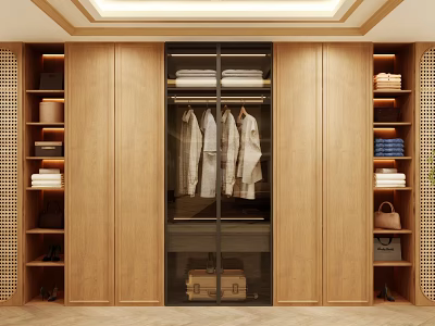 Modern Wooden Wardrobe With Glass Doors Hanging Clothes And Storage Shelves 3d model