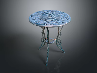 Round Blue Side Table With Intricate Carved Lace Design And Metal Legs 3d model