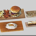 Juicy Hamburger Crispy Fries Sweet Potato Fries Pizza Egg Rice And Roll On Wooden Boards