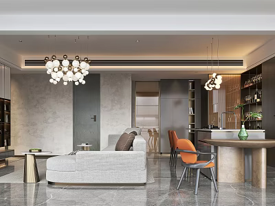 Modern Living Dining Room Interior Design With Sofa Dining Table Orange Chairs And Chandelier 3d model