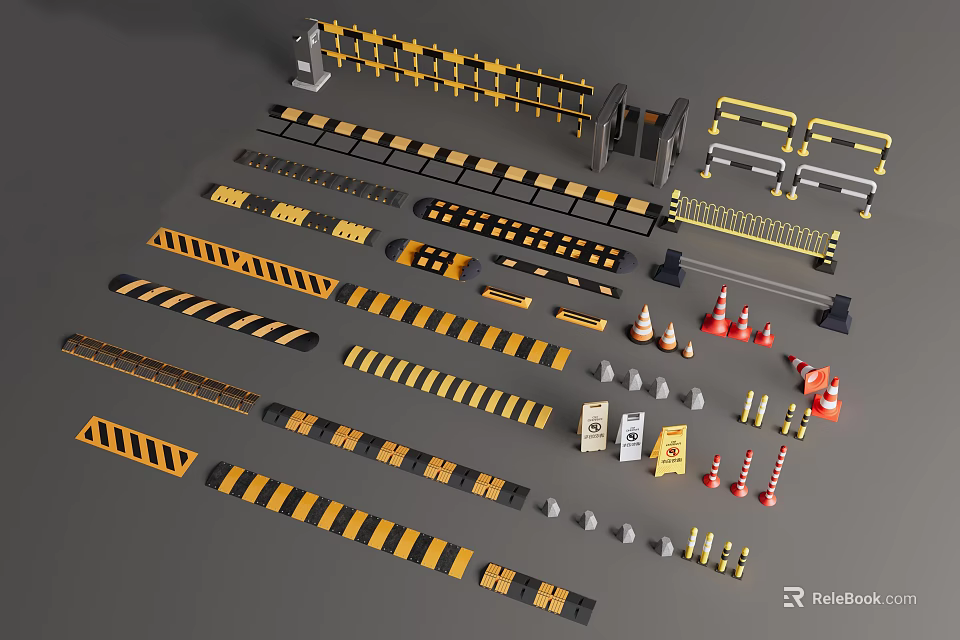 Various Traffic Safety Equipment Including Road Barriers Warning Cones And Striped Signs 3d model 