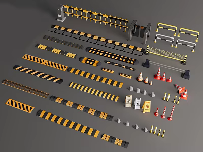 Various Traffic Safety Equipment Including Road Barriers Warning Cones And Striped Signs 3d model