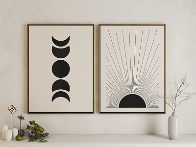 Abstract Paintings with Crescent Moon Radiant Lines Framed on Wall with Decorative Vase and Plants 3d model