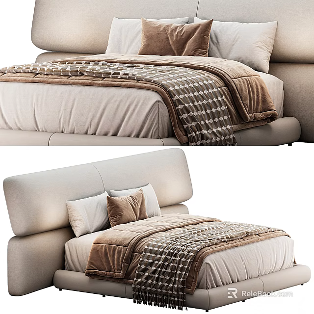 Modern Upholstered Double Bed With Beige Frame Brown Pillows And Patterned Blanket 3d model 