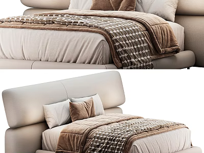 Modern Upholstered Double Bed With Beige Frame Brown Pillows And Patterned Blanket 3d model