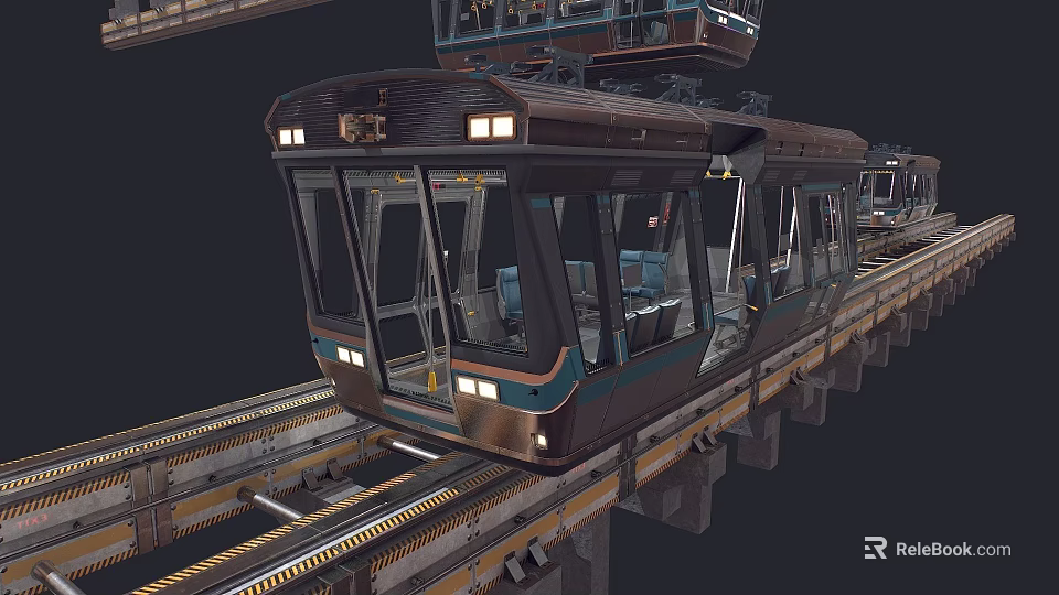 Modern Electric Tram With Illuminated Headlights Running On Elevated Track And Carriages 3d model 