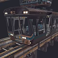 Modern Electric Tram With Illuminated Headlights Running On Elevated Track And Carriages 3d model