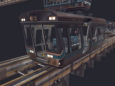 Modern Electric Tram With Illuminated Headlights Running On Elevated Track And Carriages 3d model