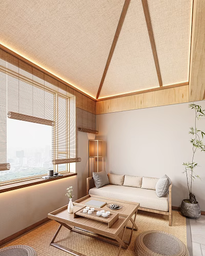 Cozy Study Room With Triangular Wooden Ceiling Blinds City View Sofa Floor Lamp 3d model