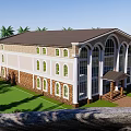 Modern Office Building With Arched Windows Green Lawn Trees And Waterfront View