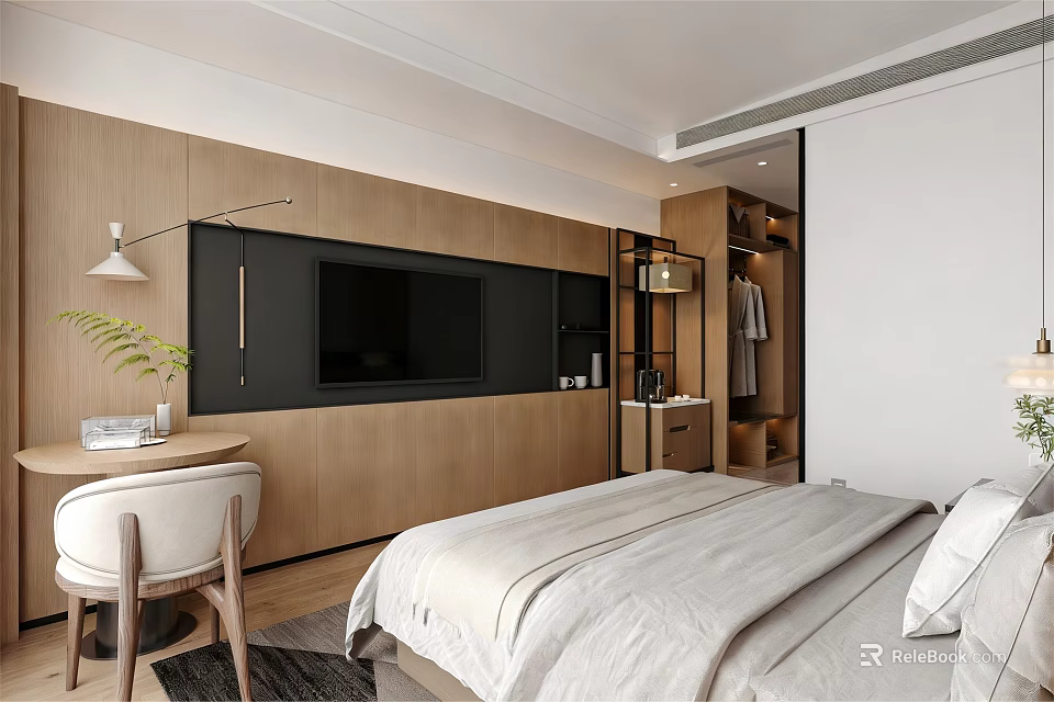Elegant Warm Hotel Guest Room With Wooden Feature Wall Cozy Bed Desk And Open Wardrobe 3d model 
