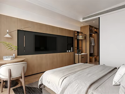 Elegant Warm Hotel Guest Room With Wooden Feature Wall Cozy Bed Desk And Open Wardrobe 3d model
