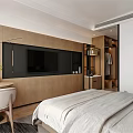Elegant Warm Hotel Guest Room With Wooden Feature Wall Cozy Bed Desk And Open Wardrobe