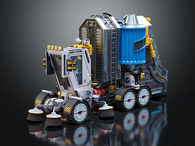 Detailed Toy Construction Vehicle Model With Blue Components Yellow Details And Sweeping Devices 3d model