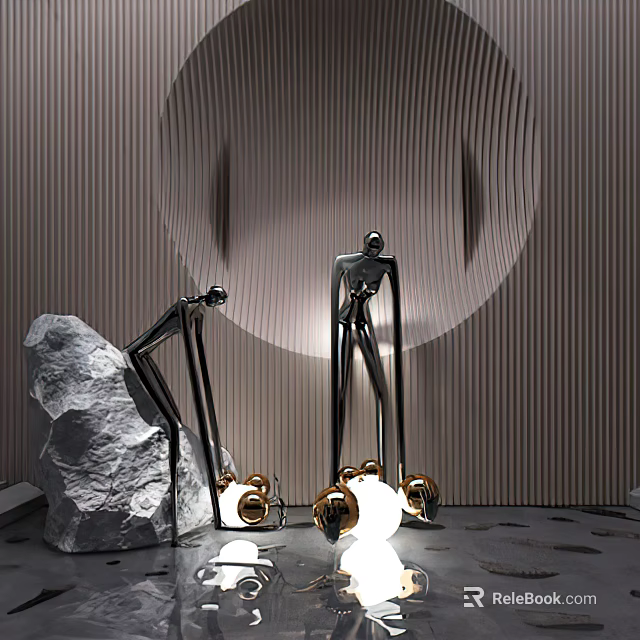 Abstract Metal Human Figure Sculptures With Different Poses Golden Spherical Base And Vertical Striped Wall 3d model 