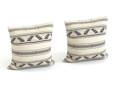 Two Beige Woven Pillows with Dark Geometric Patterns and Striped Design Details 3d model