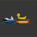 Children Having Fun With Colorful Water Toys Rubber Duck Red Ball Shark Float Airplane Hotdog