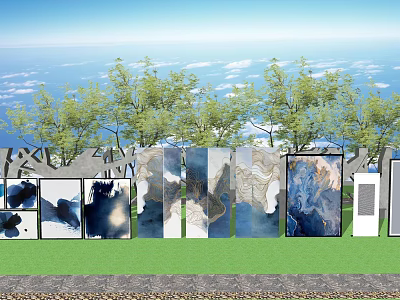 Wall Art With Natural Landscapes Displayed Against Blue Sky White Clouds Green Trees 3d model