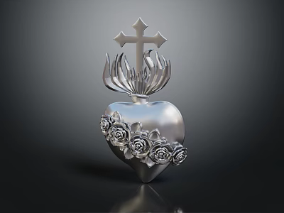 Exquisite Heart Shaped Silver Jewelry With Cross Top And Rose Ornaments Design 3d model