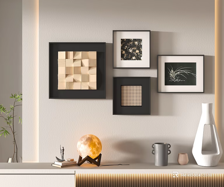 Stylish Photo Wall Design With Black Framed Artworks And Decorative Elements On Beige Background 3d model 