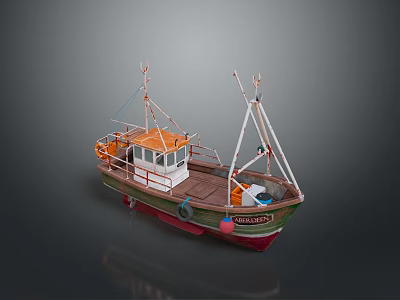 Colorful Small Fishing Boat With Green Hull Red Bottom Wooden Deck And Cabin 3d model