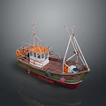 Colorful Small Fishing Boat With Green Hull Red Bottom Wooden Deck And Cabin