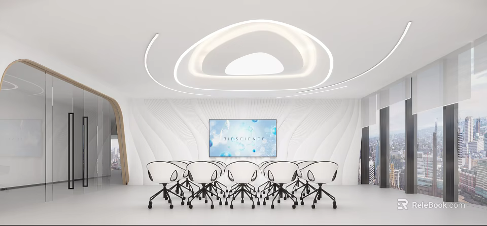 Modern Conference Room With White Ceiling Curved Lighting Large Screen White Chairs And Minimalist Design 3d model 