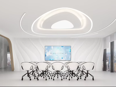 Modern Conference Room With White Ceiling Curved Lighting Large Screen White Chairs And Minimalist Design 3d model