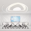 Modern Conference Room With White Ceiling Curved Lighting Large Screen White Chairs And Minimalist Design