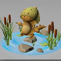 Cute Small Yellow Creature Wearing Mushroom Hat By Water Stones And Reeds