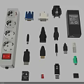 Assorted Mobile Digital Accessories With Power Strips Connectors Adapters And USB Cables 3d model