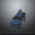 Blue Double Cab Pickup Truck Featuring Roof Rack Antenna And White Display Board
