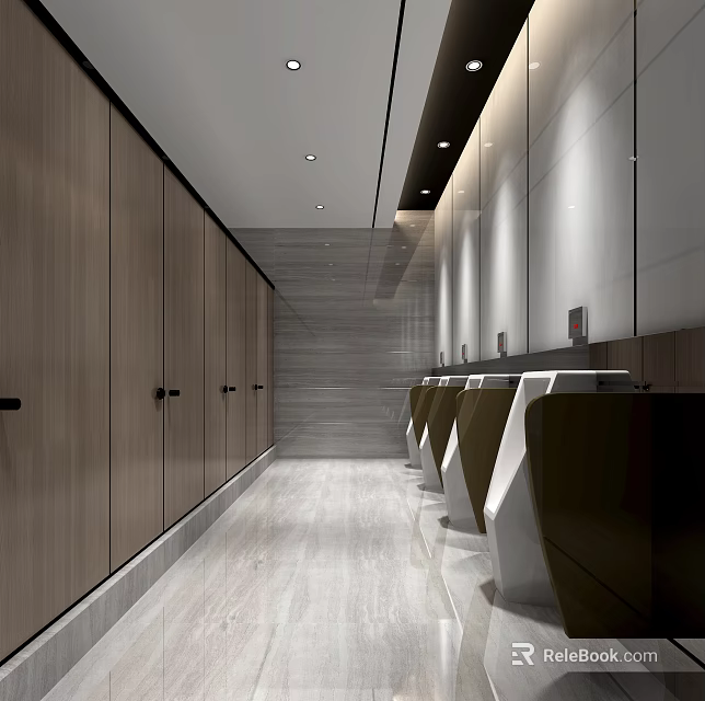 Modern Public Restroom Design With Wooden Stalls White Urinals Gray Walls And Light Floor 3d model 