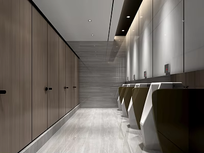Modern Public Restroom Design With Wooden Stalls White Urinals Gray Walls And Light Floor 3d model