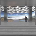 Modern Entrance Metal Frame Structure Person Standing Viewing Scenery Blue Sky White Clouds Mountains