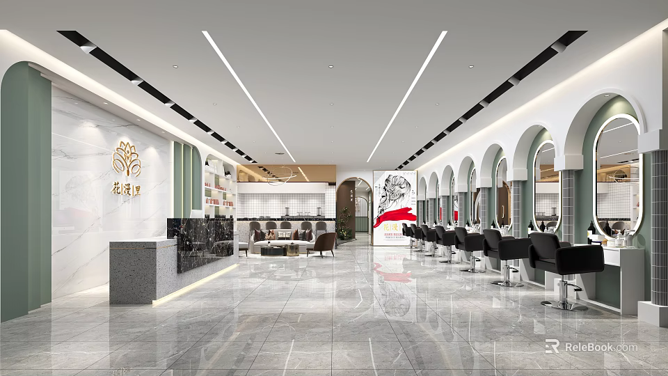 Modern Hair Salon Interior Design With Arched Mirrors Styling Chairs And Shiny Marble Floor 3d model 