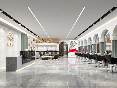 Modern Hair Salon Interior Design With Arched Mirrors Styling Chairs And Shiny Marble Floor 3d model