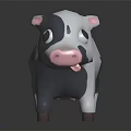 Black White 3D Cartoon Cow Character With Big Eyes Pink Nose Blue Ears Tail