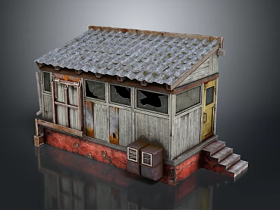 Old Wooden Building With Weathered Tile Roof Broken Windows Red Base And Stone Steps 3d model