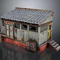 Old Wooden Building With Weathered Tile Roof Broken Windows Red Base And Stone Steps