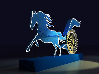 Blue Horse Carriage With Running Horse Golden Wheels And Illuminated Blue Base On Dark Background 3d model