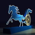 Blue Horse Carriage With Running Horse Golden Wheels And Illuminated Blue Base On Dark Background
