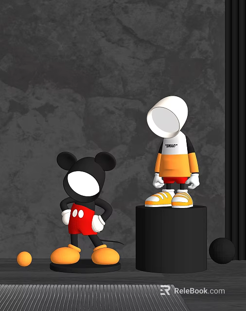 Two Modern Sculptures With Mickey Mouse Inspired Design Black White Red Orange Shorts Yellow Shoes 3d model 
