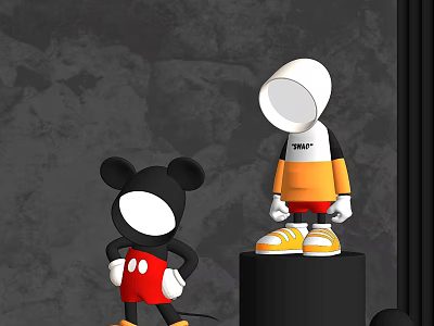 Two Modern Sculptures With Mickey Mouse Inspired Design Black White Red Orange Shorts Yellow Shoes 3d model