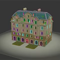 Cartoon Style Building With Orange Walls Green Roof Arched Doors And Small Lawns