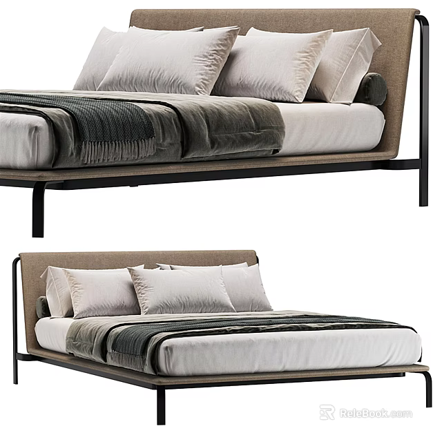 Minimalist Double Bed With Metal Frame Upholstered Headboard White Pillows And Gray Blanket 3d model 
