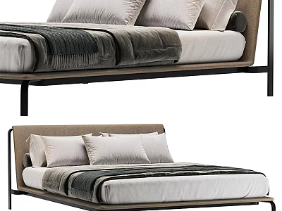 Minimalist Double Bed With Metal Frame Upholstered Headboard White Pillows And Gray Blanket 3d model