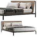 Minimalist Double Bed With Metal Frame Upholstered Headboard White Pillows And Gray Blanket