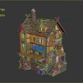 Fairy Tale Cottage With Yellow Walls Wooden Frames Arched Windows Chimney Balcony And Stone Stairs