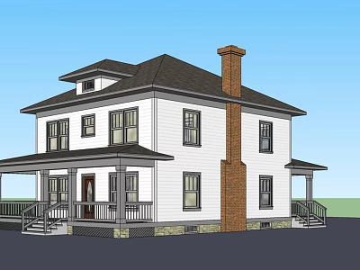 Two Story Single Family Home White Exterior Black Roof Brick Chimney Porch And Steps 3d model
